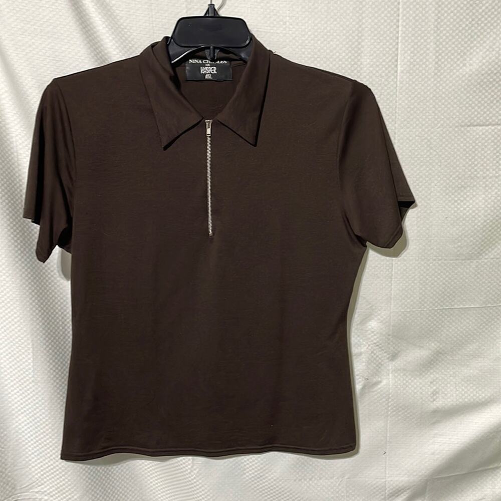 Kasper L brown cropped front zipper neckline collared short sleeve stretch guc
